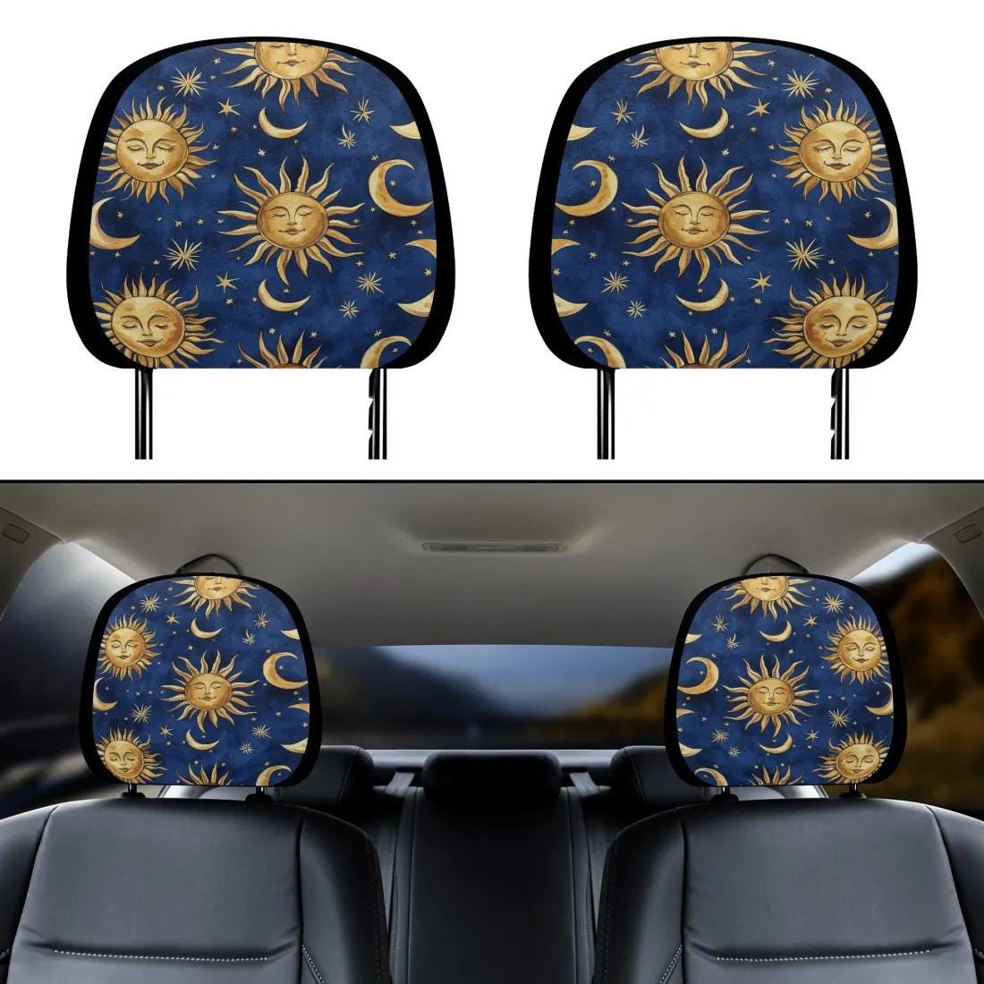 ALAZA Sun Moon Boho Car Seat Covers Front Set (2 Pcs) - Astrology Cosmos Print, Stretchy With Organizer Pocket