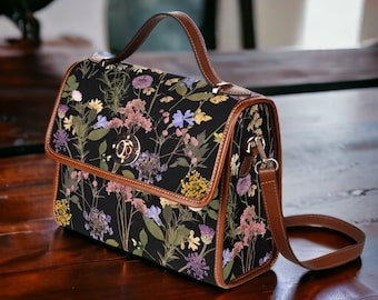 Dark Cottagecore Boho Canvas Satchel bag, Dried Pressed Flowers Boho purse, Dark Academia Handbag, Boho Witchcore Hippies Gift Satchel Purse