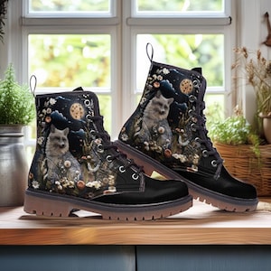 Silver Fox Vegan Combat Boots, Boho Flowers Forestcore Fox Boots, Dark Naturecore Fox Faux-Leather Boots, Ren Faire Boots, Witchy Fox Boots