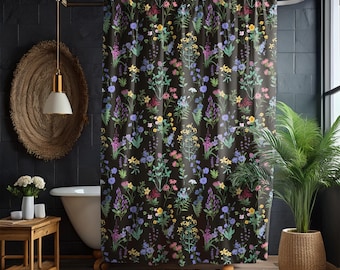 Dunkle Wildblumen Duschvorhang & Badematte, dunkle Natur Blumen Badezimmer Dekor, dunkles Cottagecore Badezimmer, Witchy Boho Cottage Badezimmer Dekor
