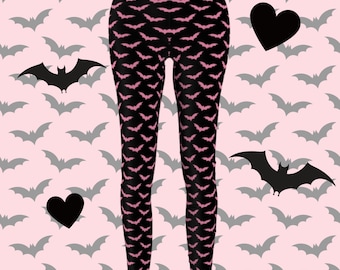 Pastel Goth - Pink Bats on Black Leggings, Kawaii Bats Leggings, Creepy Cute Leggings, Pastel Halloween Style, Kawaii Goth Clothing