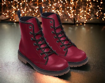 Cherry Red Vegan Combat Boots, Red Punk Boots, Red Lace Up Boots, Girlie Combat Boots, Cosplay Red Boots, Red Faux Leather Combat Boots