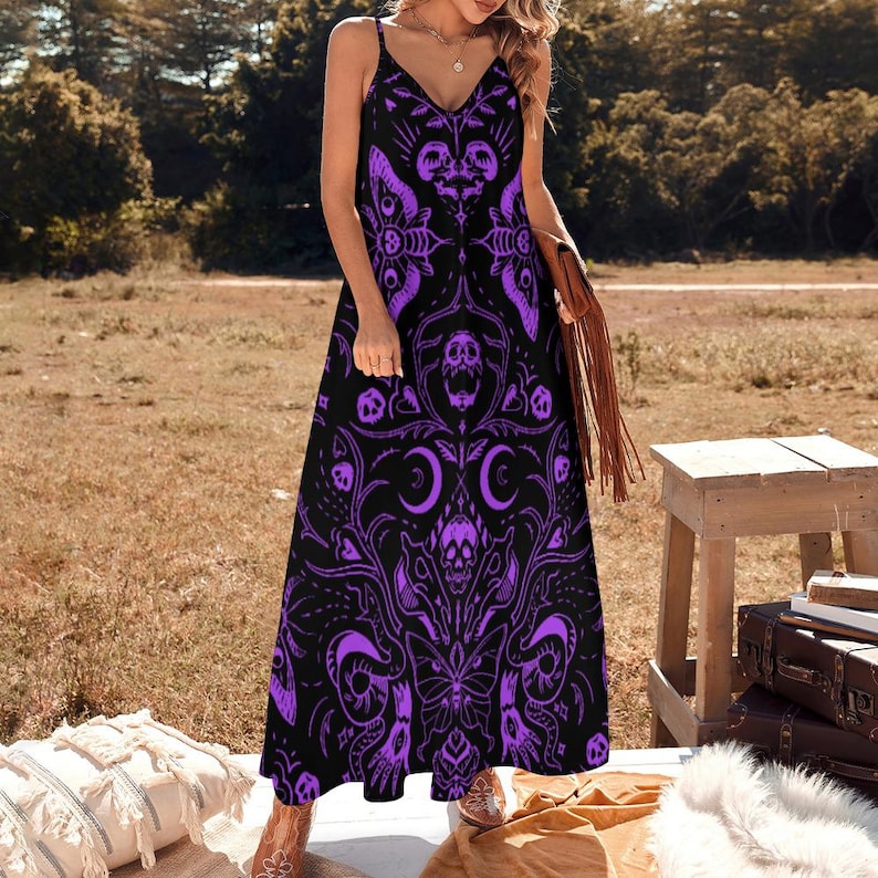 Purple Gothic Witchy Sling Ankle Long Dress, Goth Girl Maxi Dress, Mystical Occult Dress, Gothic Maxi Dress, Whimsigoth Summer Maxi Dress image 2