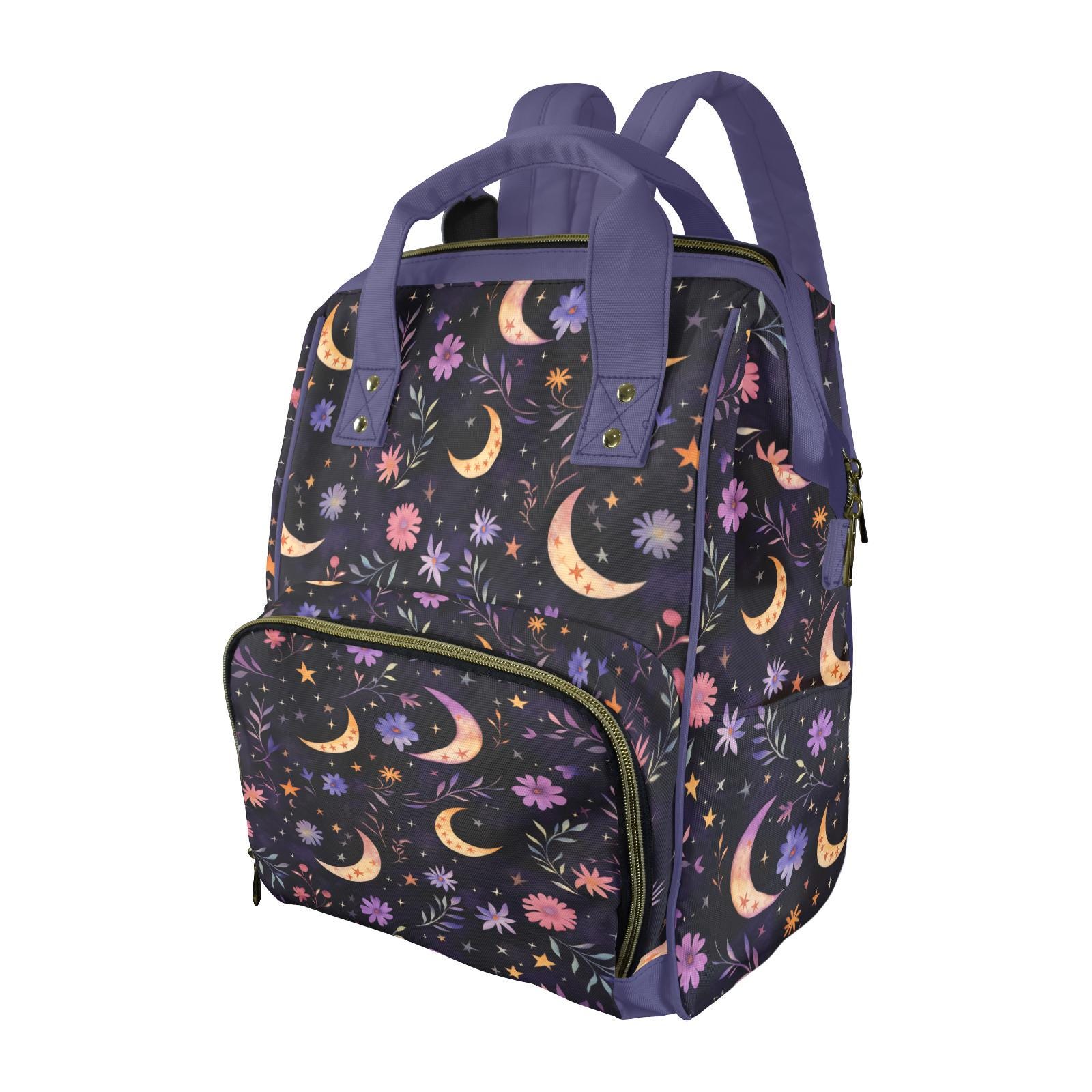 1618 Moon Stars Flower Backpack Purse Rucksack Travel Shoulder Bag Casual Whimsigoth Laptop Backpack, Celestial Moon Stars Floral  main image 2