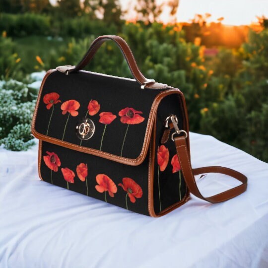 Black Leather Crossbody Bag with Debossed Poppy