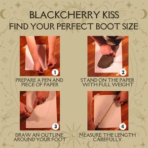 May include: A four-step guide to measuring your foot for boots. The steps are: 1. Prepare a pen and piece of paper. 2. Stand on the paper with full weight. 3. Draw an outline around your foot. 4. Measure the length carefully.