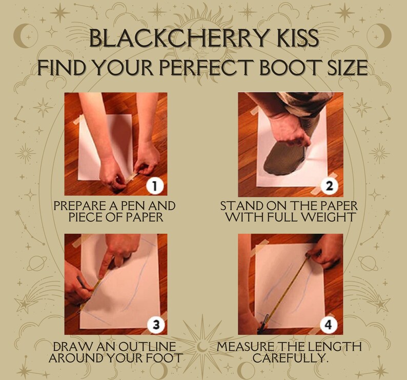 May include: A four-step guide to measuring your foot for boots. The steps are: 1. Prepare a pen and piece of paper. 2. Stand on the paper with full weight. 3. Draw an outline around your foot. 4. Measure the length carefully.