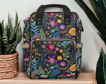 Dark Cottagecore Faux-Embroidery Flowers Diaper Bag, Multifunctional Backpack, Boho Dark Floral Nappy Bag, Whimsigoth Witchy Mama Baby Bag