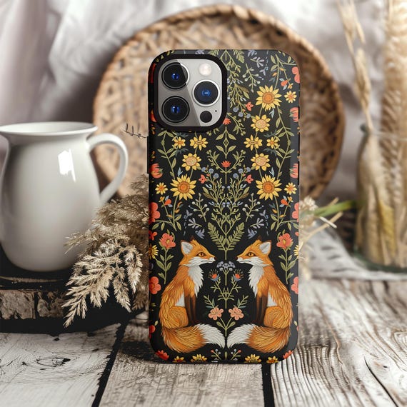 Cottagecore Foxes Tough phone case, Folk Art Foxes Phone case, many iPhone 16  samsung models, Storybook Fox Aesthetic Phone Case, Fox Girl