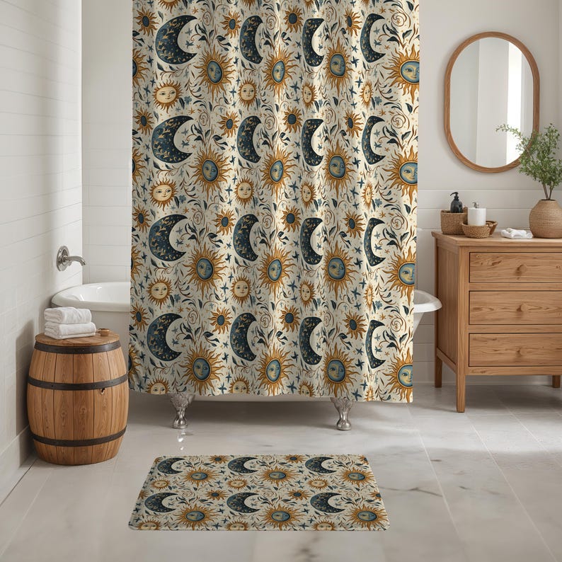 Cream Celestial Sun & Moon Shower Curtain Bathmat Set: Whimsigoth ...