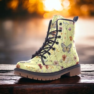 Wildflower Garden Boots, Cottagecore Wildflower & Butterflies Boots, Vegan Combat Boots, Fairy Grunge Boots, Boho Witchy Floral Chunky Boots