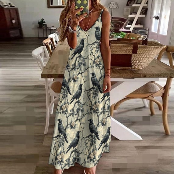 Gothic Raven Maxi Dress  Dark Academia Crow Print Long Dress, Witchy Boho  V-neck Summer Whimsigoth Vintage Raven Floral Pattern Ankle Dress - Etsy