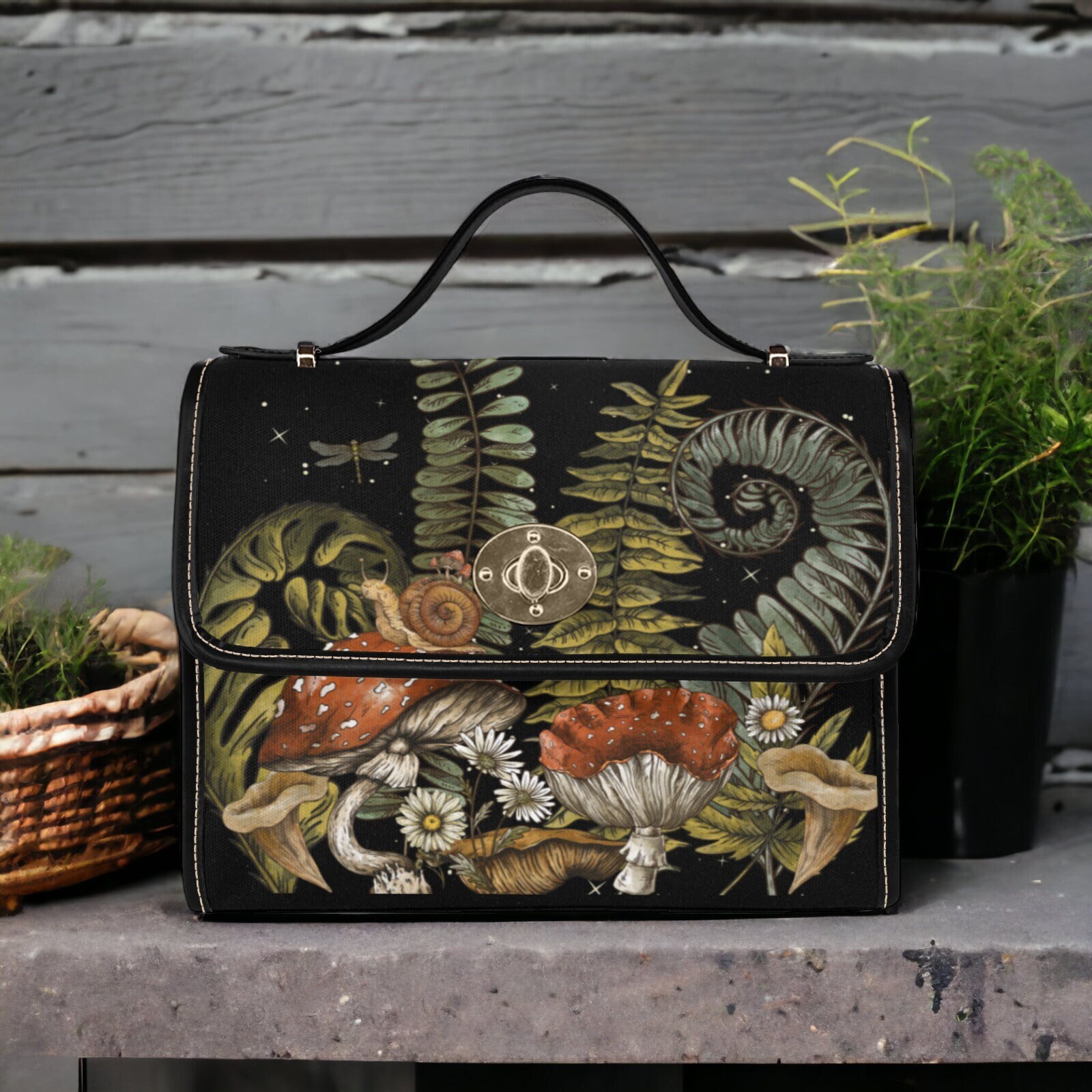 Boho Dark Forest Ferns Mushrooms Witchy Canvas Satchel, Boho Crossbody Goblincore Forest purse, Dark Cottagecore Ferns Hippie Witch Handbag