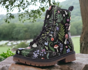 Forestcore Boots, Woodland Mushrooms Combat Boot, Vegan Combat Boots, Witchcore Festival Club Boot, Faecore Mushroom Butterly Print Boots,