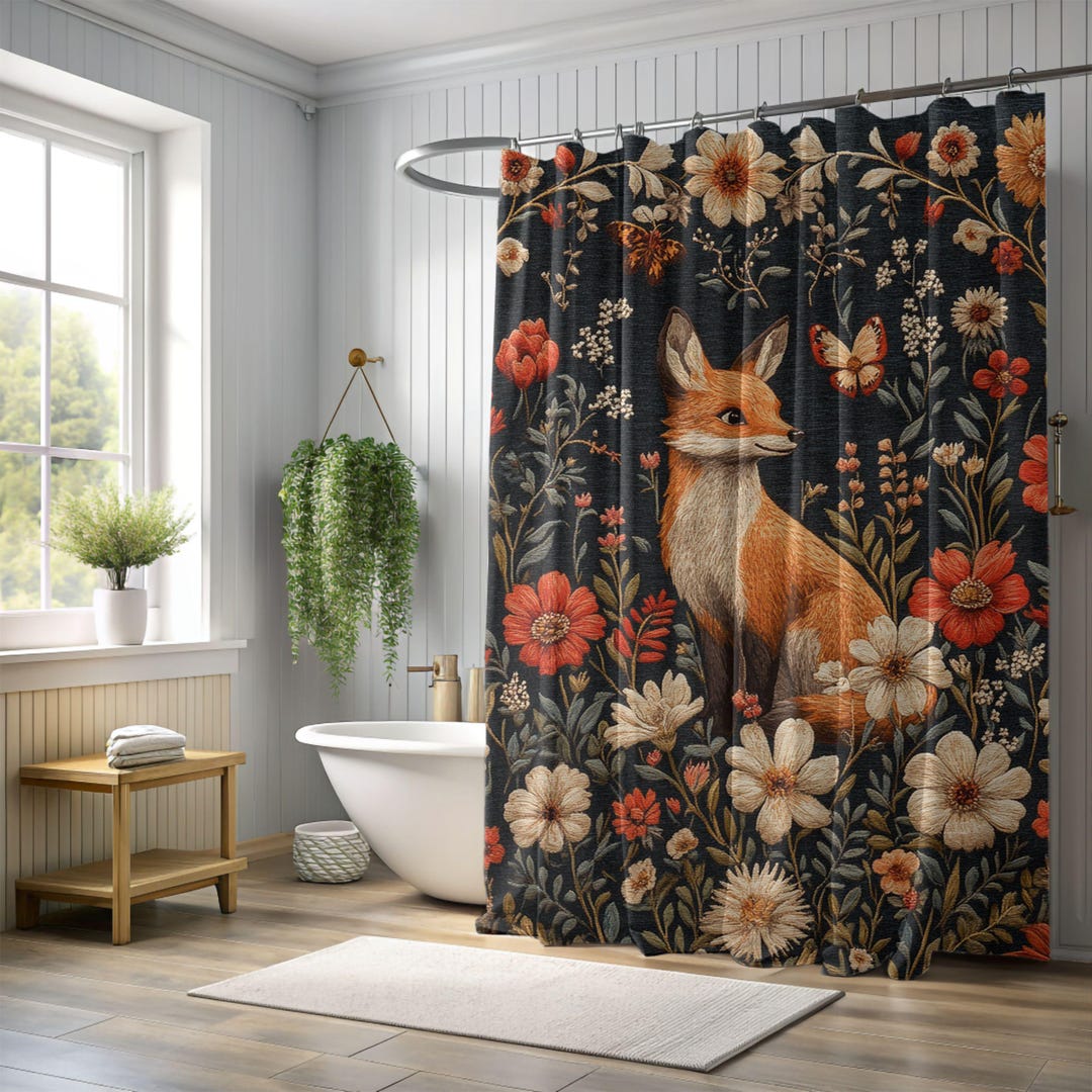 Whimsical Fox and Floral Shower Curtain, Boho Faux Embroidered ...