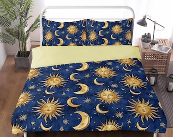 Conjunto de capa de edredom Whimsigoth, roupa de cama Celestial Sun & Moon, conjunto de cama nostálgico dos anos 90, conjunto de quarto astrológico com tema de bruxa, presente estético boho místico