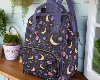 Whimsigoth Laptop Backpack, Celestial Moon Stars Floral 