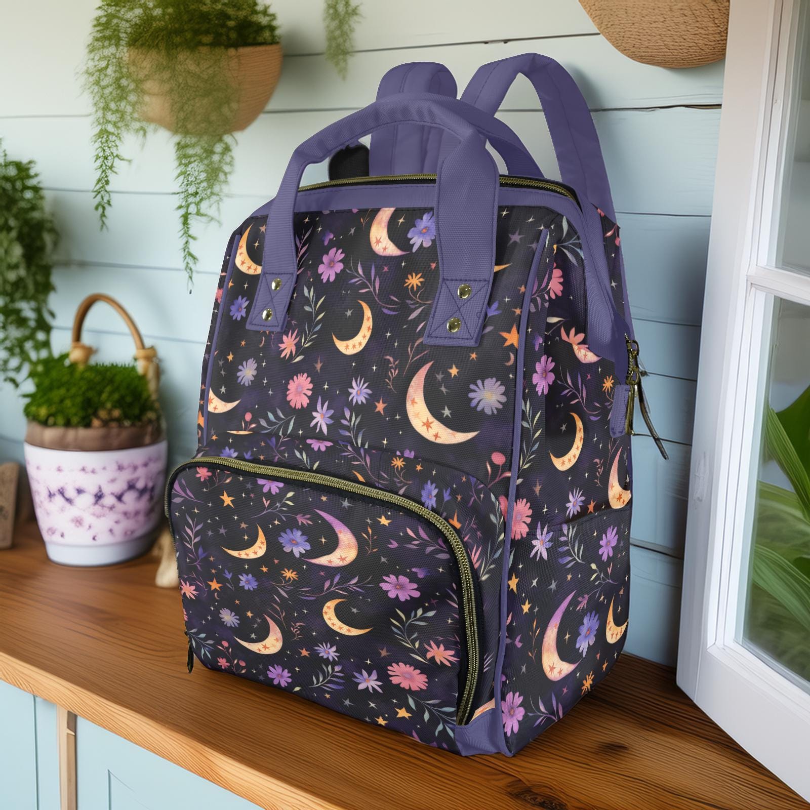Whimsigoth Laptop Backpack, Celestial Moon Stars Floral 