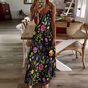 Boho Wildflower Maxi Dress, Cottagecore Dark Floral Sundress with Bright Botanical Watercolor Floral Print, Fairycore Garden Party Dress