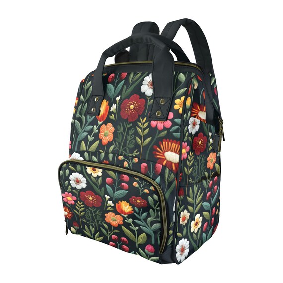 Faux Embroidery Cheerful Folk Flowers Backpack, Floral  display picture 2