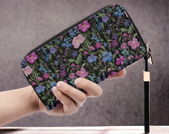Faux-embroidery Floral Vegan Zip Clutch Wallet, Pink Purple Floral Faux Leather Wallet, Boho Garden Floral Clutch, Cottagecore Floral Wallet