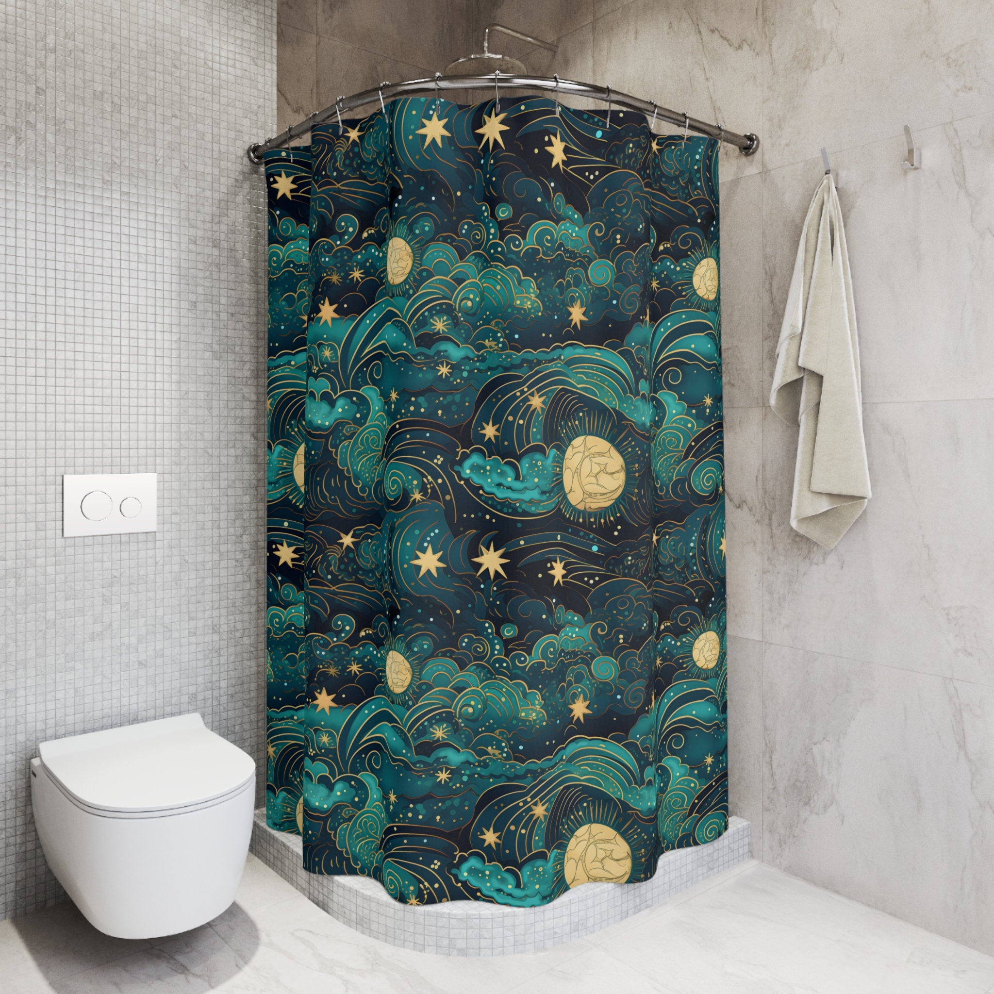 Sternennacht Duschvorhang-Set – Inkl. Teppich & WC-Sitzbezug, Galaxie-Design