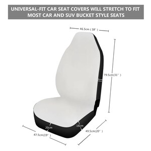 May include: White car seat cover with black trim. The cover is designed to fit most car and SUV bucket style seats. Measurements are provided in inches and centimetres.