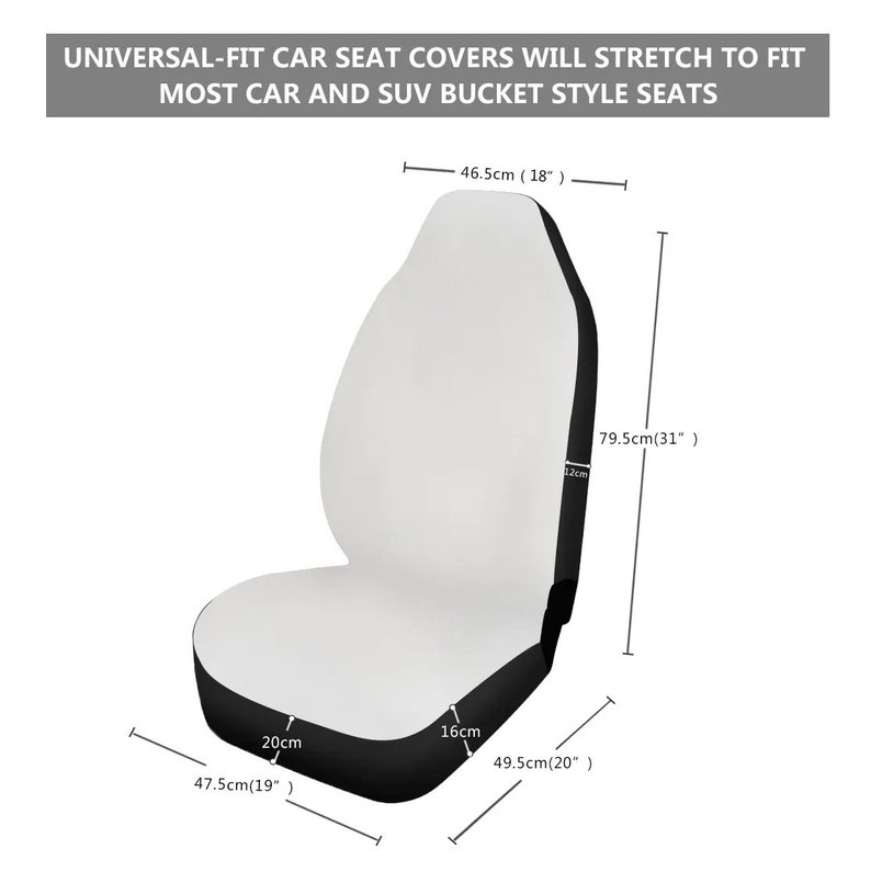 May include: White car seat cover with black trim. The cover is designed to fit most car and SUV bucket style seats. Measurements are provided in inches and centimetres.