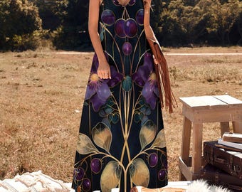 May include: A long, black maxi dress with a floral print featuring purple flowers, green leaves, and gold accents. The dress has a V-neckline and spaghetti straps.
