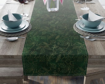 Green & Gold Floral Table Runner, Cottagecore Table Runner, Deep Green Dining Decor, Emerald Green Table Runner, Green Witch Table Runner