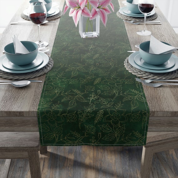Grün & Gold Floral Tischläufer, Cottagecore Tischläufer, Tiefgrünes Esszimmer Dekor, Smaragdgrüner Tischläufer, Grüner Hexe Tischläufer
