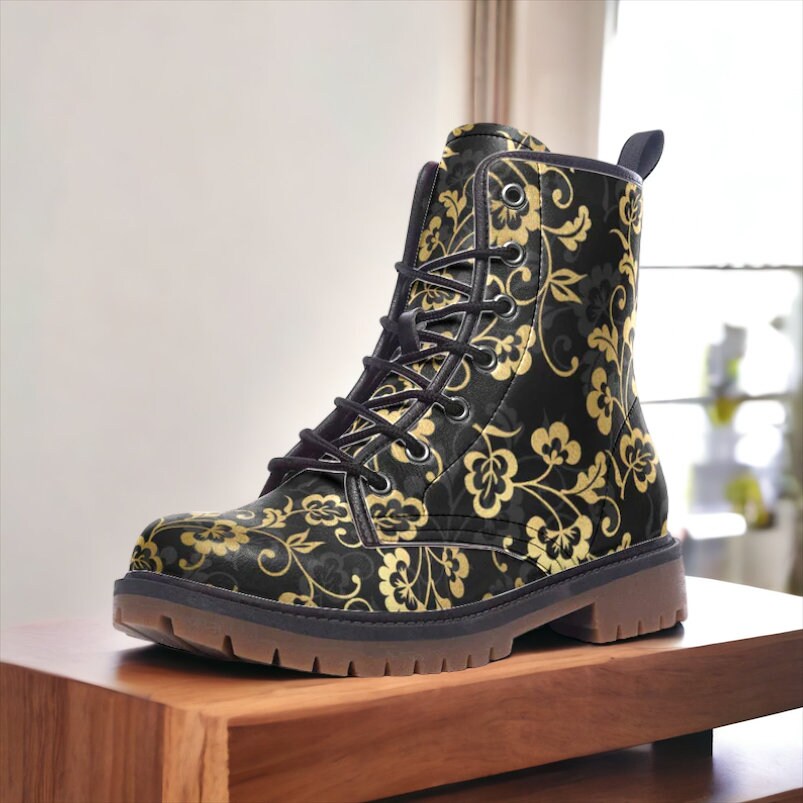 Black and Faux Gold Floral Vegan Combat Boots Boho Floral Faux