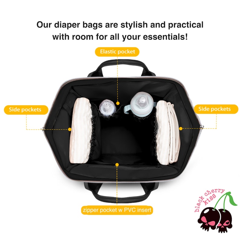 May include: A black diaper bag with multiple pockets, including side pockets, an elastic pocket, and a zippered pocket with a PVC insert. The bag is open and shows the interior, which is lined with a black mesh material. The bag is filled with various baby items, such as diapers, wipes, and bottles.