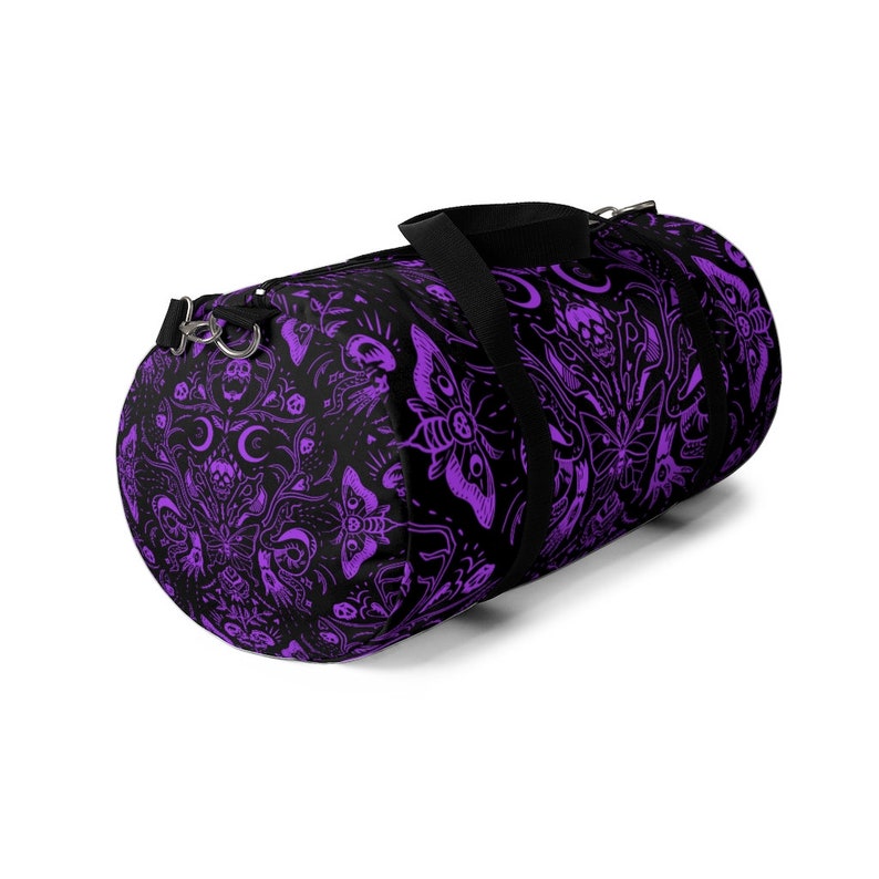 Violet Goth Duffel Bag, Witchcore Clothing, Goth Skulls Moths Duffel Bag, Goth Girl Gym Bag, Gothic Weekender bag, Pastel Witchy Duffel Bag image 11