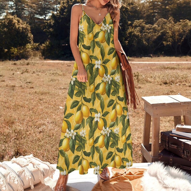 Boho Lemon Blossoms Cottagecore Ankle Sling Dress, Lemons Maxi Dress, Boho Vintage Floral Dress, Summer Yellow Maxi Dress, Boho Summer Dress image 6
