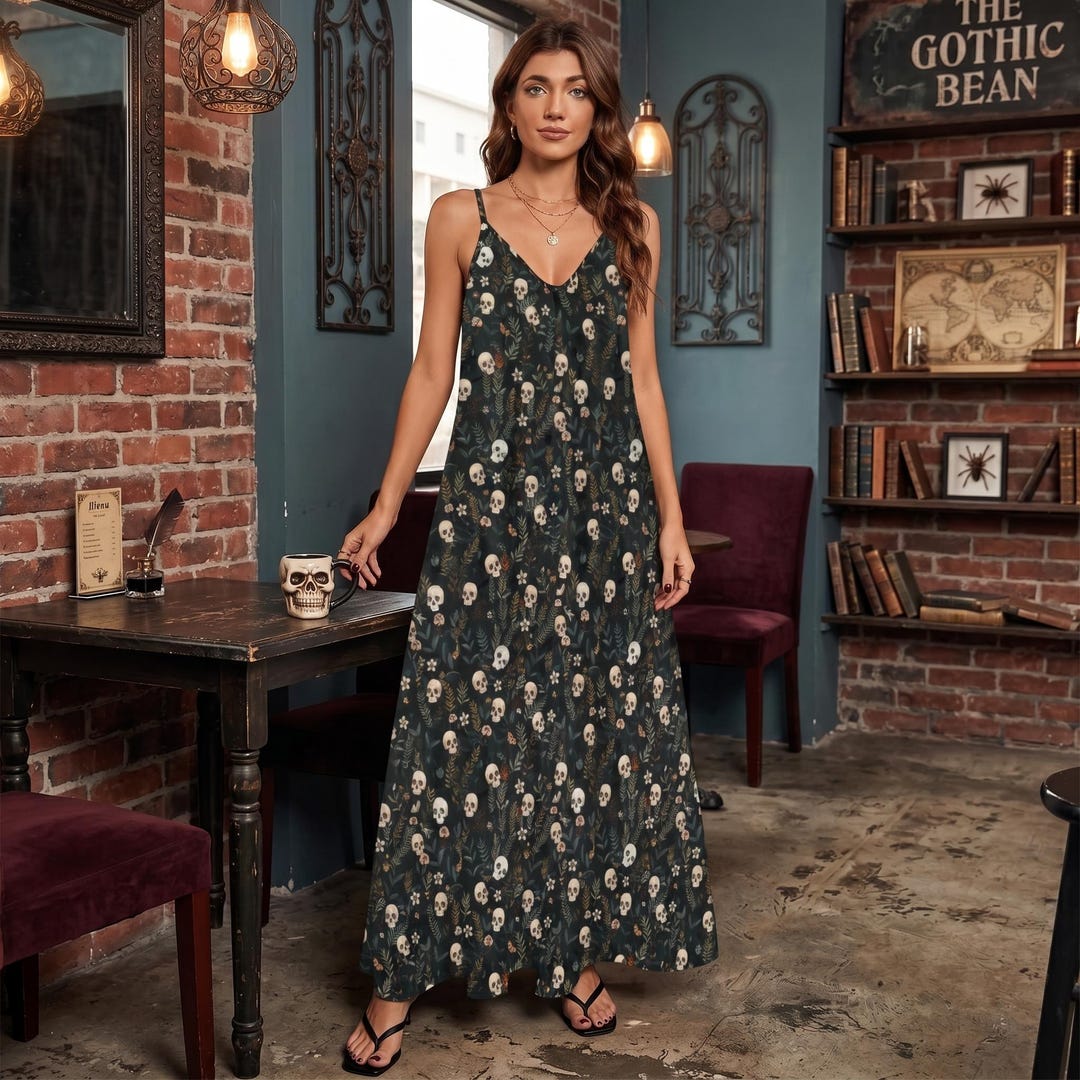 grunge maxi dress Cottage Goth Dress, Skulls Botanical Aesthetic Dress, Gothic Motif Dress, Witchy Maxi Dress, Fairy Dress, Whimsigoth Maxi Ebay