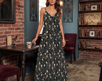 Cottage Goth Maxi Dress, Skulls Botanical Aesthetic Dress, Gothic Motif Dress, Witchy Maxi Dress, Fairy Grunge Dress, Whimsigoth Maxi Dress