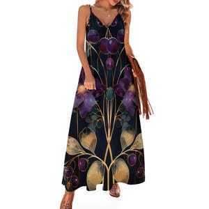 Dark Purple Art Nouveau Floral Maxi Dress, Dark Flowers Long Garden Party Dress, Witchy Hippie Flowers Boho Maxi Dress, Resort Wear Dress image 6