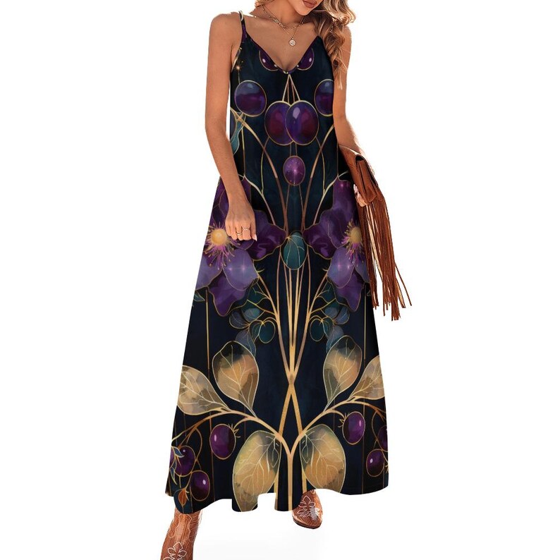 Dark Purple Art Nouveau Floral Maxi Dress, Dark Flowers Long Garden Party Dress, Witchy Hippie Flowers Boho Maxi Dress, Resort Wear Dress image 6