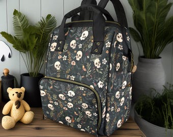Cute Skulls and Flowers Diaper Backpack, Cute Goth Baby Stuff, WItchy Creepy Cute Diaper Bag, Spooky Cute Diaper Bag, WItchy Mom Baby Gifts
