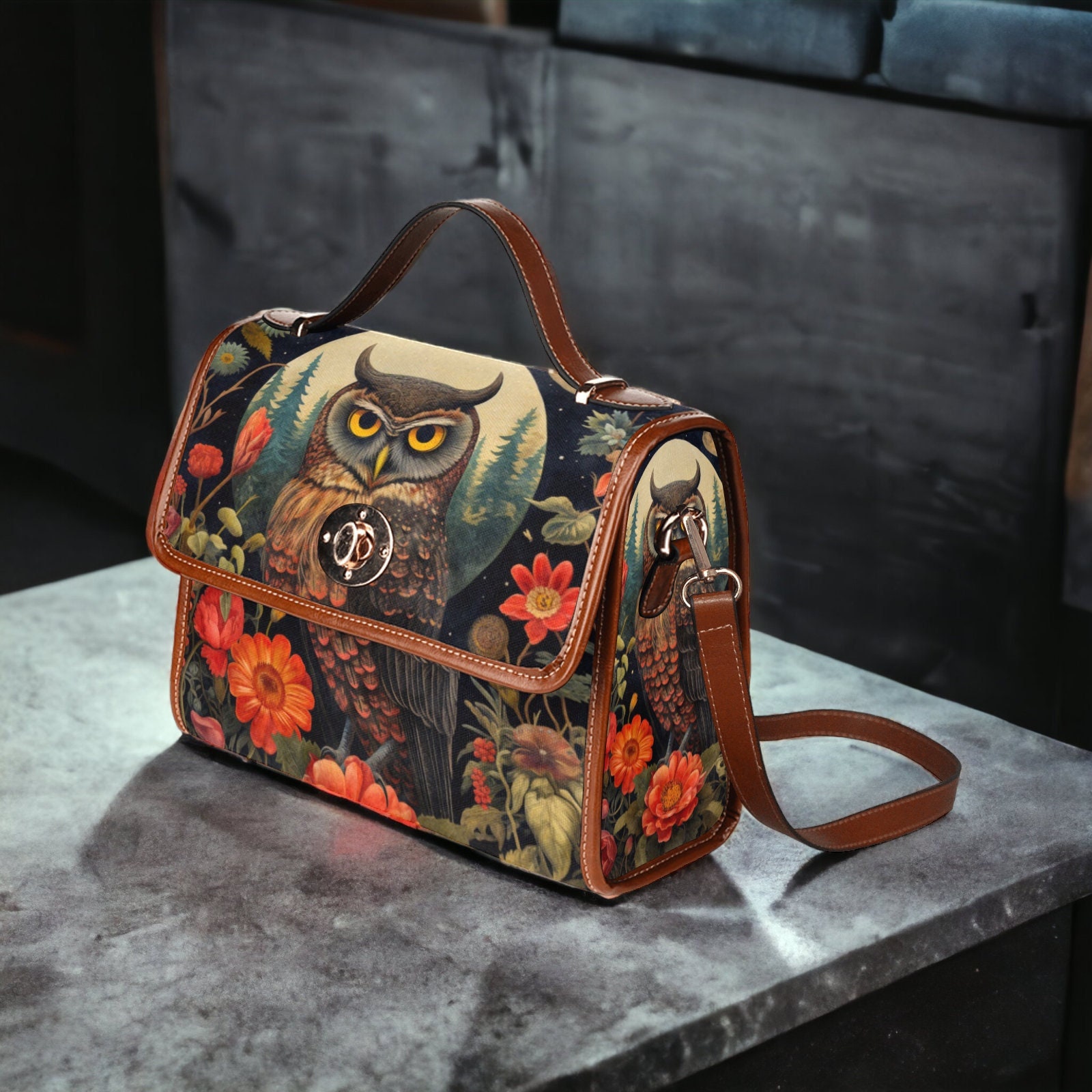 Dark Cottage Goth Owl and Dark Garden Satchel, Dark Cottagecore Owl purse, Canvas Wiccan Owl Dark Wi