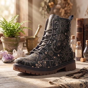 May include: A black lace-up ankle boot featuring a celestial print with gold-toned suns, moons, stars, and snakes. The boot has a dark brown lug sole, a pull tab at the heel, and black laces threaded through metal eyelets on the front panel.