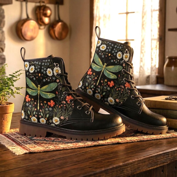 Dragonfly & Daisies Floral Vegan Combat Boots, Cottagecore Whimsicore Boots, Botanical Wildflower Lace Up Boots, Nature Aesthetic Boots