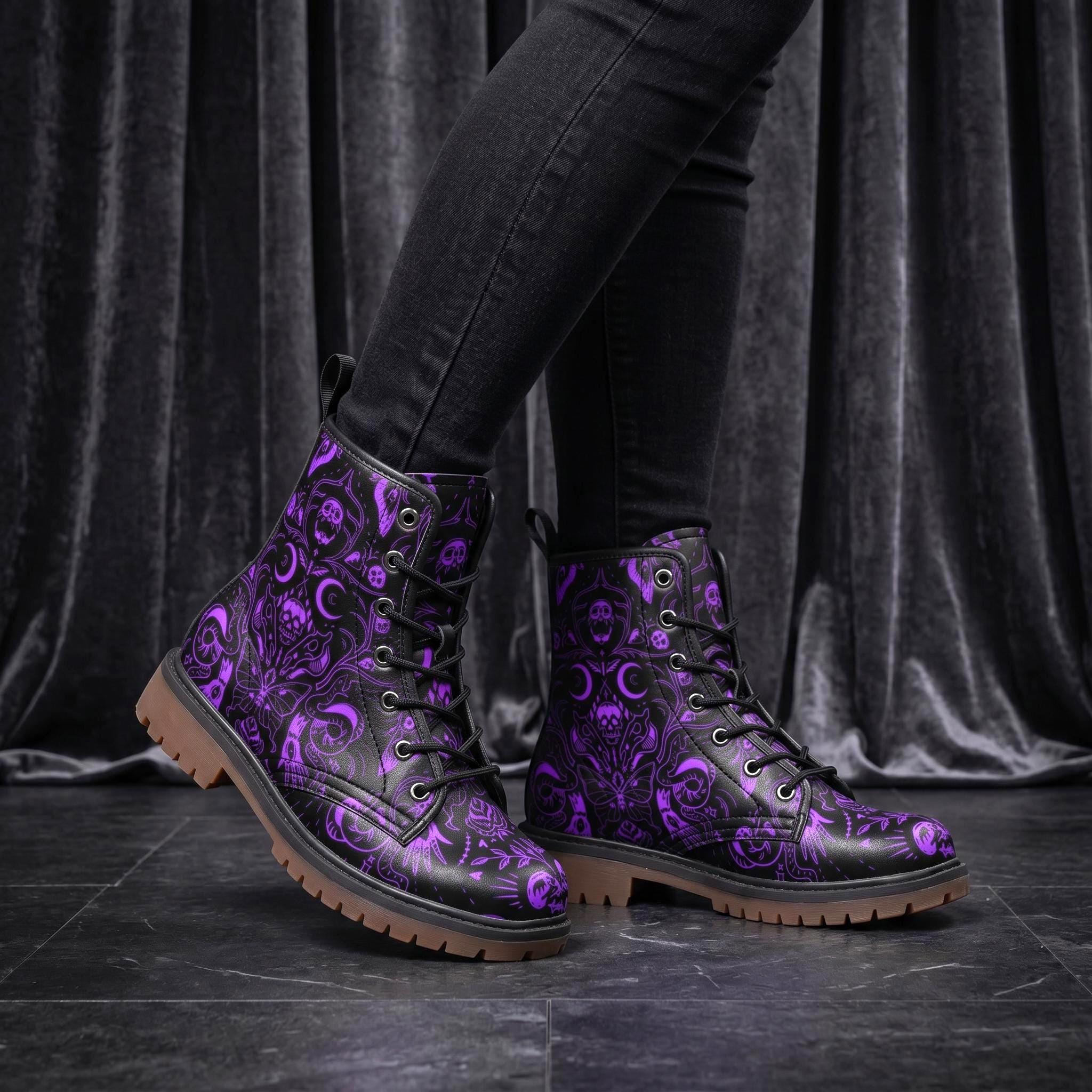 Gothic Witchy Vegan Unisex Combat Boots, Purple Skulls Moths Faux