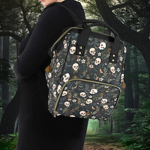 Joli sac à dos fleurs crânes, joli sac à dos floral sorcière pour ordinateur portable, cartable botanique gothique, cartable sorcière bohème, sacoche pour ordinateur portable mignon effrayant