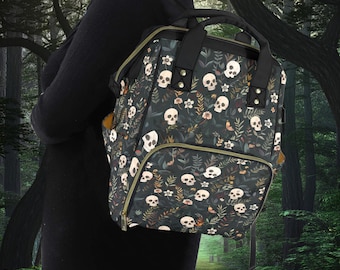 Sac à dos à fleurs et têtes de mort mignonnes, Sac à dos pour ordinateur portable fleuri et sorcière, Sac à livres gothique botanique, Sac d'école bohème sorcière, Sac pour ordinateur portable mignon et effrayant