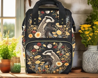 Faux-Embroidery Badger Diaper Backpack, Cottagecore Badger Mommy Bag, Forest Theme Baby Gifts, Forestcore Backpack Babyt Bag, Badger Gifts