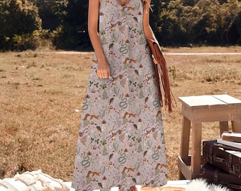 Boho Cottagecore Maxi Dress, Fairy Forest Pattern Dress, Woodland Motif Dress, Witchy Maxi Dress, Fairy Grunge Dress, Boho Forest Maxi Dress