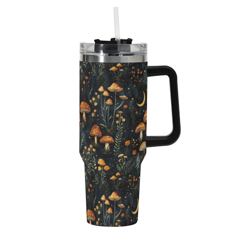 Mushroom Forest 40oz Stainless Steel Tumbler With Black Handle & Straw, Dark Cottagecore Forestcore Gifts, Goblincore Tumbler, Forest Mug image 2