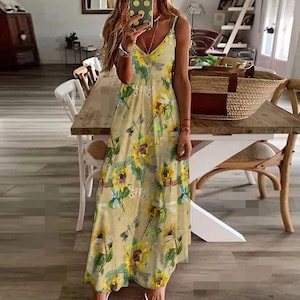 day dress in lemon yellow cotton with stylized sunflower print Autumn Floral Print Sunflower Pattern Casual Long Sleeve Deep V-Neck Casual Floor Length Maxi Dress for Women with Belt at Amazon Women's Clothing store